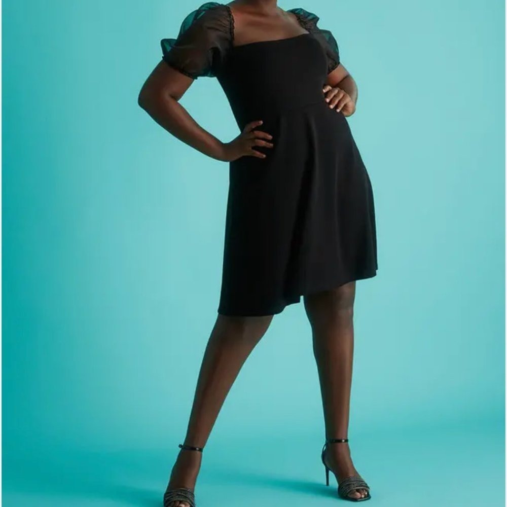 ELOQUII NWT‎ Black Organza Puff Sleeve Dress Size 16 Event Black Tie Cocktail